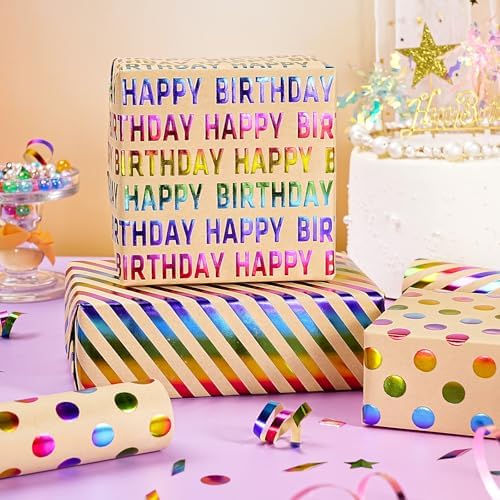 WRAPAHOLIC Kraft Birthday Wrapping Paper Roll - 3 Mini Rolls - 17 Inch x 120 Inch Per Roll - Rainbow Foi Happy Birthday Wrapping Paper for Boys Girls Kids, Baby Shower