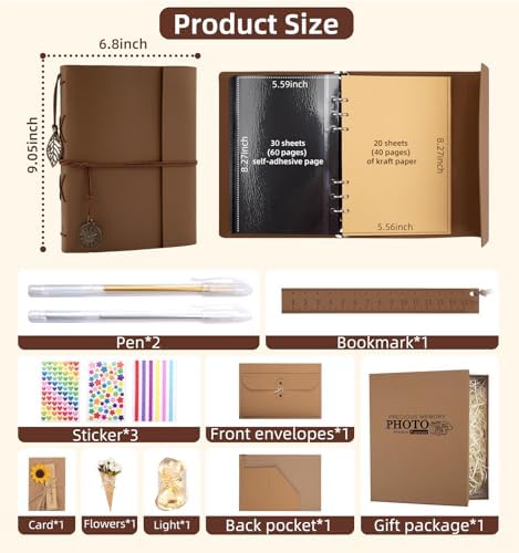 Scrapbook Photo Album 100 Pages, 60 Page Self Adhesive+40 Page Kraft Paper DIY Photo Book for 2x3 3x5 4x6 5x7 Pictures, Leather Memory Book for Wedding Baby Family Travel Birthday Christmas