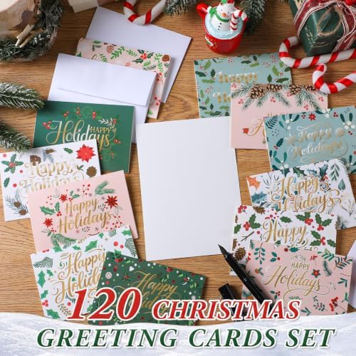 AmazingSpark 120 Pack Happy Holiday Card with Envelope Bulk Green Botanical