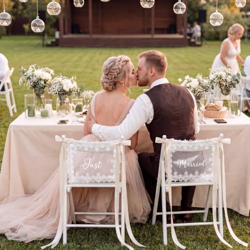 Breling 2 Pcs Lace Wedding Chair Sign Back Banner, White, Just Married4