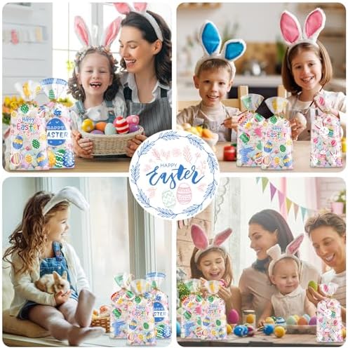 100 Pcs Easter Treat Bags - Happy Easter Gift Bag, Easters Eggs Plastic Cellophane Bag, Clear Colorful Easters Bunny Goodie Candy Favor Bags with Gold Twist Ties for Easte Party Favors Supplies