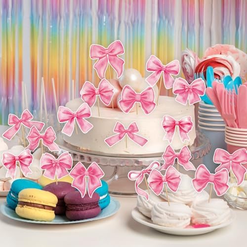 Hooqict 40Pcs Pink Bow Cupcake Toppers Pink Bow Birthday Cake Decorations Cupcake Picks for Girls Coquette Birthday Decorations Baby Shower Bachelorette Bridal Wedding Party