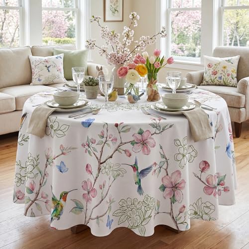 Spring Tablecloth Round 70 Inch, Spring Birds Branch Florals Decorations for Home Table Cloth Tablecloths Polyester for Picnic Party Dinner