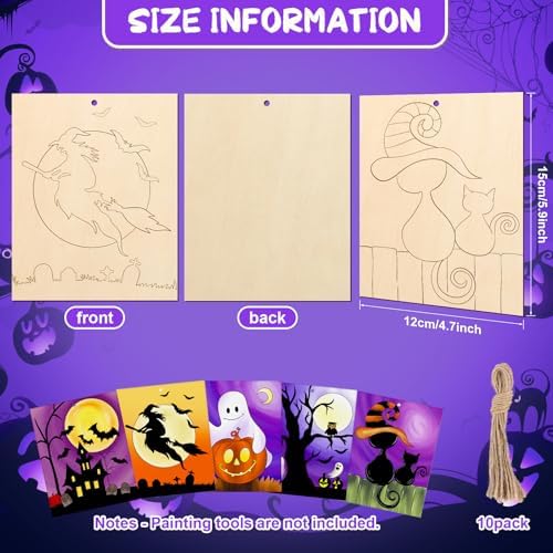 COCHIE 10PCS Large Halloween Unfinished Wood Crafts to Paint for Adults, Bulk Predrilled Wooden Ornaments for Painting, Ghost Witch Bats Paintable Wood Slices Craft Supplies with Ropes
