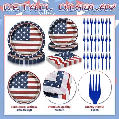 96 Pieces 4th of July Tableware Set – American Flag Disposable Plates, Napkins and Forks, Patriotic Stars and Stripes Party Supplies for Independence Day, Memorial Day and Veterans Day Decorations