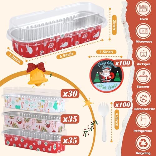 100Pack Christmas Mixcolor Mini Cake Pans with Lids and Spoons Mini Loaf Pans with Lids, 6.8Oz Aluminum Foil Pans Tins, Individual Dessert Cups Containers for Sales,Party,Picnics