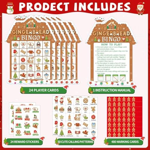 39Pcs Christmas Gingerbread Themed Bingo Game for Kids Adults 24 Players Christmas Baking Game Cards with Reward Stickers for Family Friends Students Large Group Activities Winter Holiday Party Favors