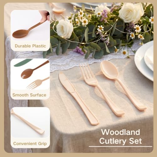 300Pcs Woodland Plastic Silverware Set, Disposable Full Size for Dinner