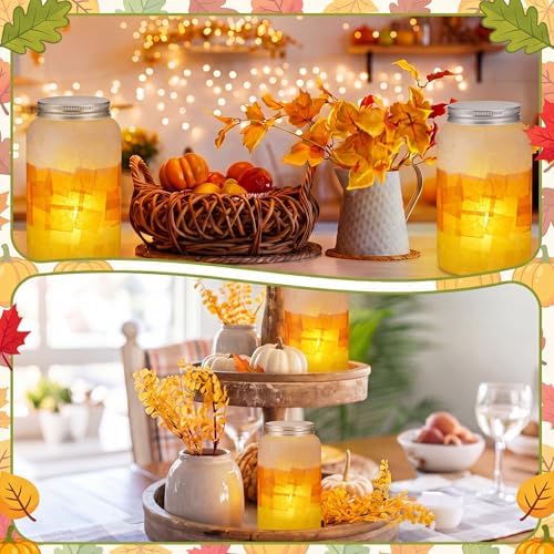 Qinyoung 12 Pcs Fall Crafts Candy Corn Mason Jar Crafts with LED Light