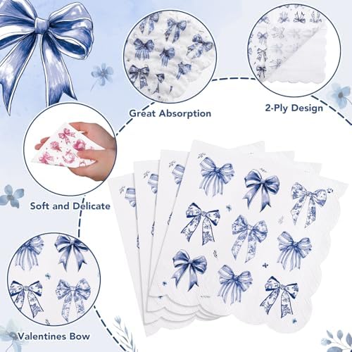 NatNarr 100 Pk Blue Bow Cocktail Napkins, 5" Scalloped Decoupage Napkins