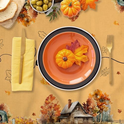 Fall Tablecloth 60×84 Inch Oval, Fall Harvest Decorations for Home Table Cloth, Truck Scarecrow Pumpkin Decor Washable Seasonal Autumn Thanksgiving Tablecloths Polyester for Picnic Party Dinner