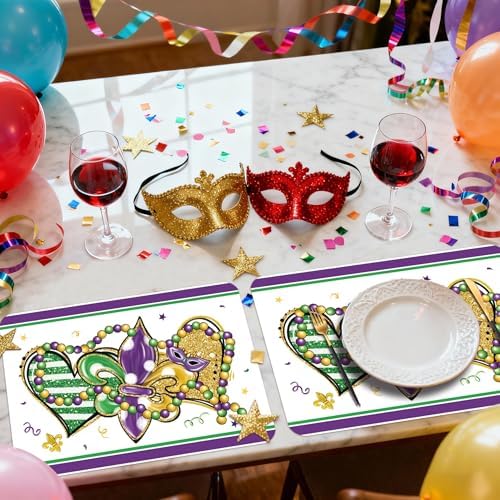 6 Set Carnival Mardi Placemats, 11x16 Inch Fleur de Lis Heart Bead Plastic Placemats Spring Holiday New Orleans Cocktail Table Mats for Carnival Masquerade Party Festival Decor