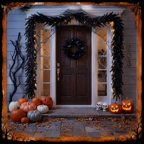 XunYee 6 ft Halloween Black Garland Artificial Norfolk Pine Garland Decor
