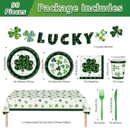 98PCS St Patrick's Day Party Supplies Green Irish Shamrock Tableware Set Lucky Shamrock Birthday Party Supplies St Patrick's Day Party Decorations Irish Shamrock Paper Plates and Napkins for 16 Guests