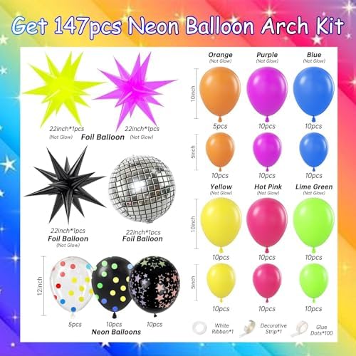 147PCS Neon Balloon Arch Garland Kit with Glow in the Dark Balloons for 80s 90s Disco, Rock and Roll, Birthday, Fiesta and Let's Glow Party Decorations