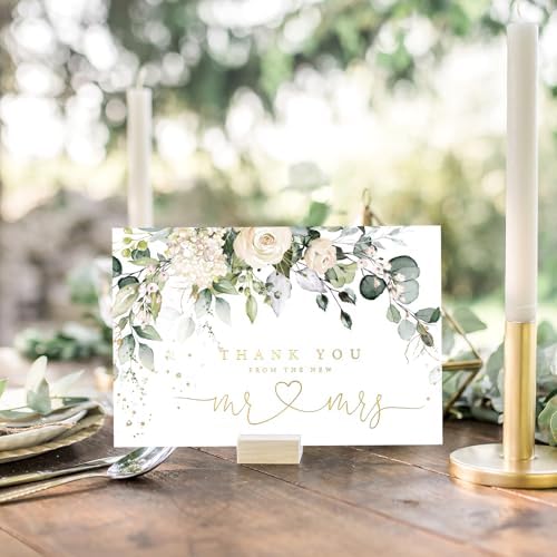 Whaline 24 Pack Wedding Thank You Cards Eucalyptus Leaves Greeting Card From the New Mr & Mrs Floral Blank Note Cards with Envelope Sticker for Bridal Shower