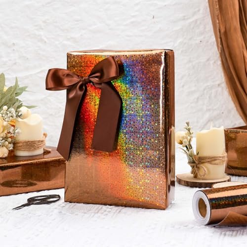 Burymento Brown Wrapping Paper Roll, Metallic Holographic Star Gift Wrap for Birthday, Valentines, Mothers day, Graduation, Wedding, Fathers day, Baby Shower, Christmas (17 IN x 32.8 FT)
