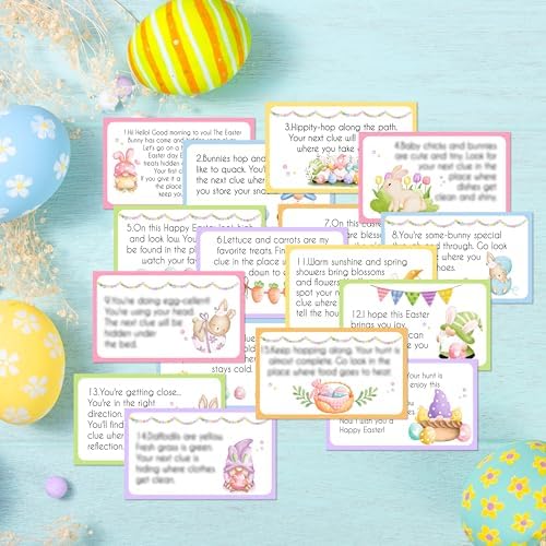 Easter Scavenger Hunt Game, Easter Gnome Treasure Hunt Clue Cards with Envelopes, Easter Egg Hunt Party Game for Adults and Family, Indoor Outdoor Activities – A01
