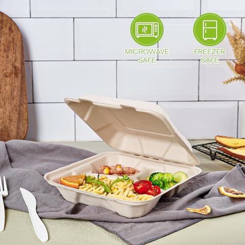 ECOLipak 50 Pack Compostable Take Out Food Containers, 8 inch,3 Compartment