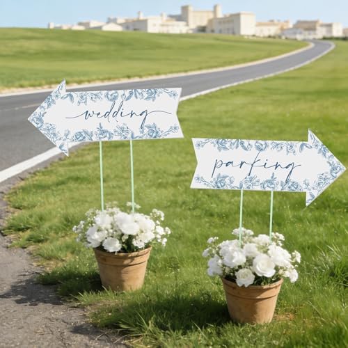 8 Pcs 17 × 8.5" Wedding This Way Directional Parking Signs Road with Stakes Large Double Sided Direction Printed Ceremony Reception Lawn Yard Arrow Sign Exquisite Plastic Rainproof (Blue Flower)