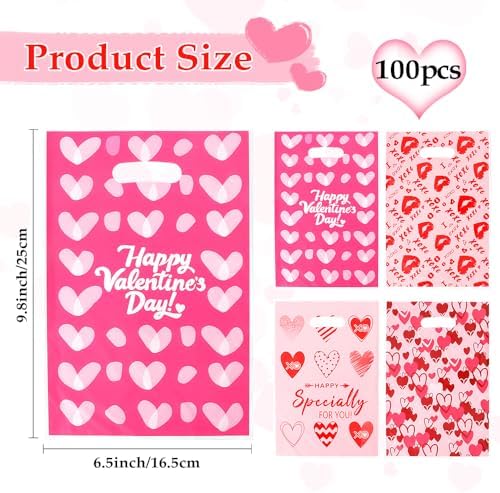 Valentines Treat Bags, 100PCS Valentines Gift Bags with Handles, 7x10 Inch Plastic Happy Valentine's Day Goodie Cookie Candy Bag for Valentine's Day Wedding Anniversary Engagement Party Favor Supplies