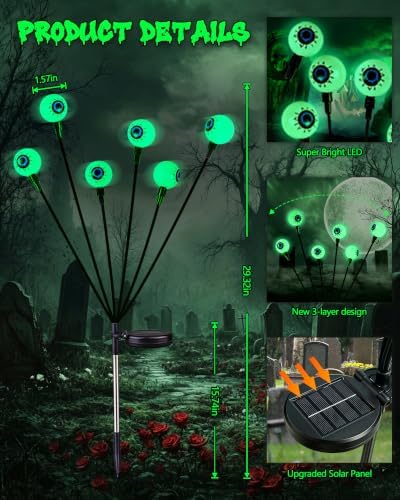 Solar Halloween Decorations Outdoor 2 Pack 12 LED Green Solar Eyeball Light
