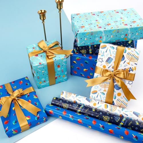 The Dreidel Company Happy Hanukkah Gift-Wrap Chanukah 17.5" Inches X 180" Inches .15' Feet Each Roll, 4 Roll Variety Pack