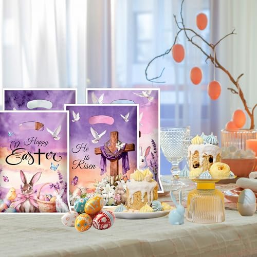 EUVBOKW 100 Pcs Easter Plastic Treat Bags Bulk,He is Risen Christian Goodie Bags and Bunny Party Favor Bags with Handles for Easter Egg Hunt, Church and Gift Wrapping
