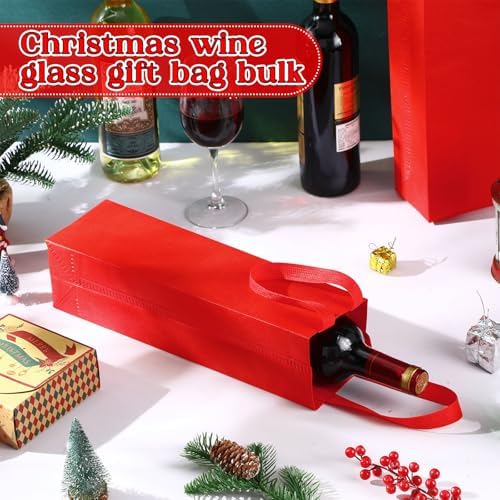 Windyun 100 Pcs Wine Gift Bags with Handle Reusable Small 13.8x3.5x3.9 Inches Liquor Bottle Totes Bulk for Birthday Wedding Christmas Holiday Party (Red)