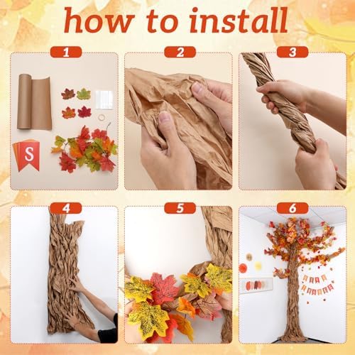 Thanksgiving Classroom Tree Bulletin Board Set Fall DIY 3D Kraft Craft Cardboard Tree with Simulated Maple Leaves Thanks Giving Banner Wall Decor for Autumn Rustic School Elementary Teacher Chalkboard