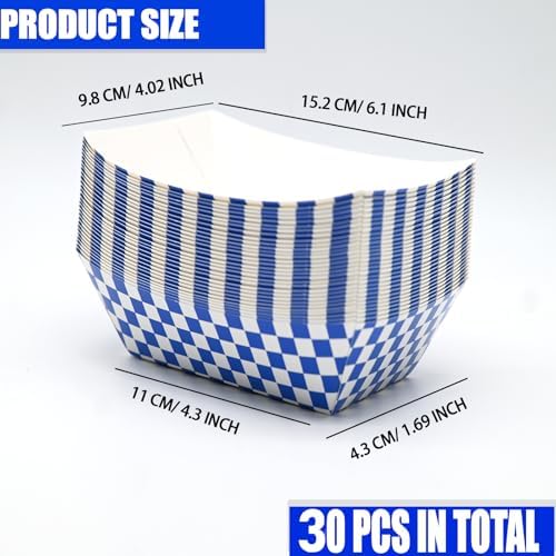 30 Pcs No Folding Required 2lb Gingham Disposable Paper Food Trays for Shower Wedding Tea Party Supplies Nacho Snack (Blue)
