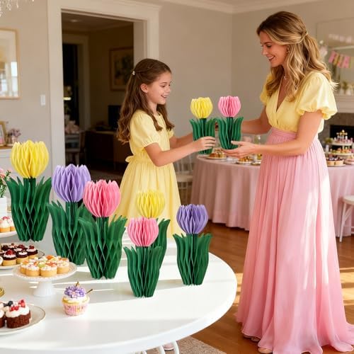 SUNBEAUTY Flower Honeycomb Decor Tulips Table Centerpieces Spring Decoration for Home Office Paper Flower Tulip Honeycomb Decor for Garden Party Mothers Day Decoration Easter Party Birthday Tea Party