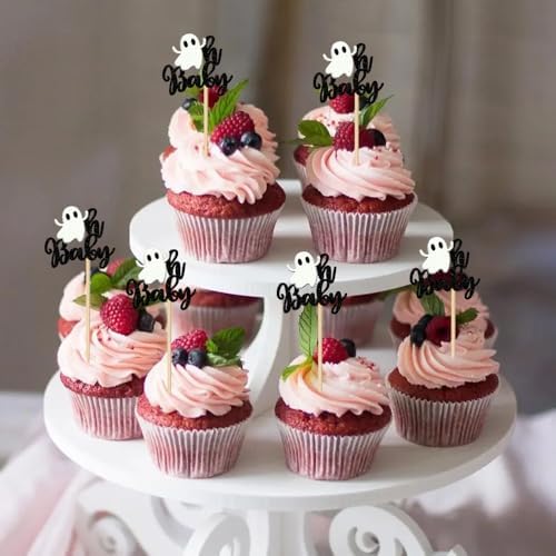 24 Pcs Ghost Oh Baby Cupcake Toppers - Halloween & Baby Shower Decorations, Little Boo Cupcake Picks, Ghosts Cake Decoration for Gender Reveal