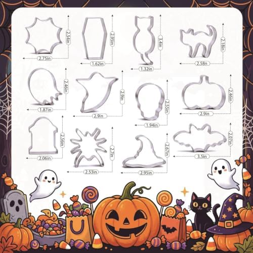 Halloween Cookie Cutters Set, HUINF 12Pcs Stainless Steel Cookie Cutters - Bat, Ghost, Pumpkin, Cat, Spider, Spider Web, Coffin, Witch's Hat, Skull, Tombstone Shapes for Halloween Baking