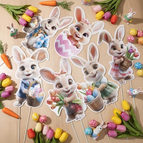Bucherry 8 Pcs Lighted Easter Yard Signs with Stakes, LED String Lights & Face Hole Photo Booth Props, Waterproof Bunny Chick Lawn Decorations for Outside Spring Garden Egg Hunt Party Decor