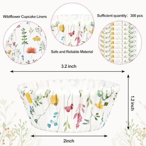 Whaline 300Pcs Floral Cupcake Liners Spring Flowers Paper Baking Cups Colorful Wildflower Muffin Liner Cupcake Wrappers for Baby Shower Bridal Shower Wedding Party Baking Supplies, 2 x 1.2 Inch