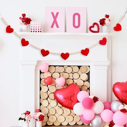 Valentines Day Decorations - Wood Bead Garland with Felt Red Hearts for Valentines Day Decor, Valentine Heart Garland Valentine's Banner for Galentines Day Decorations, Farmhouse, Wedding, Anniversary