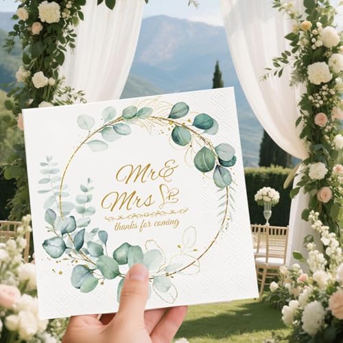50Pcs Wedding Cocktail Napkins Mr and Mrs Wedding Napkins Bridal Shower Paper Hand Towels Dinner Napkins for Receptions,for Dessert Cake Table Decor Elegant Anniversary Birthdays Party Decor (50)