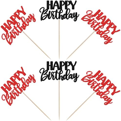 30 PCS Happy Birthday Cupcake Toppers Glitter Happy Birthday Cupcake Picks for Celebrating Anniversary Theme Christmas Party Cake Decorations Supplies Red Black