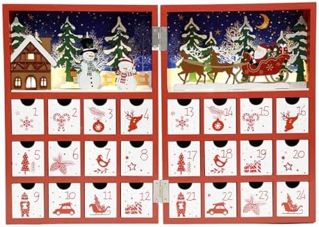 Christmas Wooden Advent Calendar Book with LED lighting Red Color Christmas Snowman & Santa Countdown Holiday Gifts with 24 Drawers Adults Kids Home Decoration