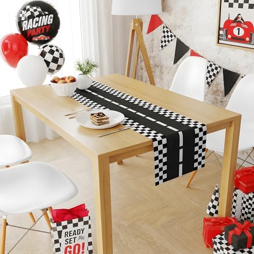 Race Car Birthday Party Decorations - Racing Car Road Table Runner | Black and White Checkered Table Cloth Decor for Kids Boys Cars Theme Two Fast Birthday Party Favors Supplies Decorations