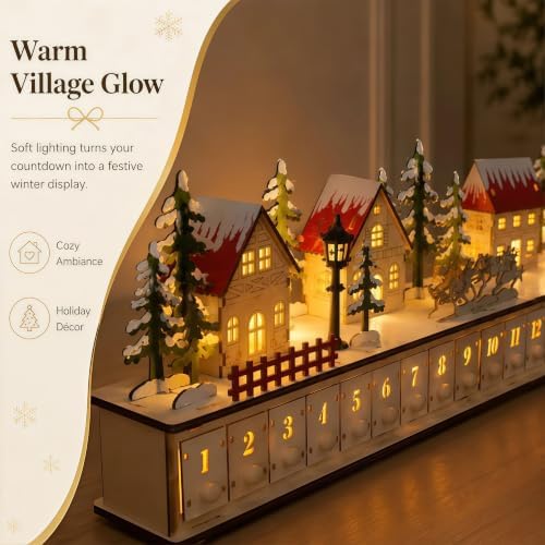 32 inch Light-Up Wooden Christmas Village Advent Calendar with 24 Drawers