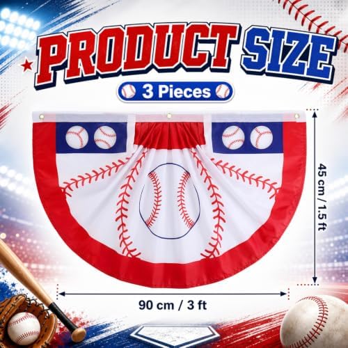 Outus 3 Pcs Pleated Bunting Fan Flag 1.5 x 3 ft Christmas Decoration Half Fan Flag Hanging Banners for Party Supplies Yard Decoration(3 Pack,Baseball)