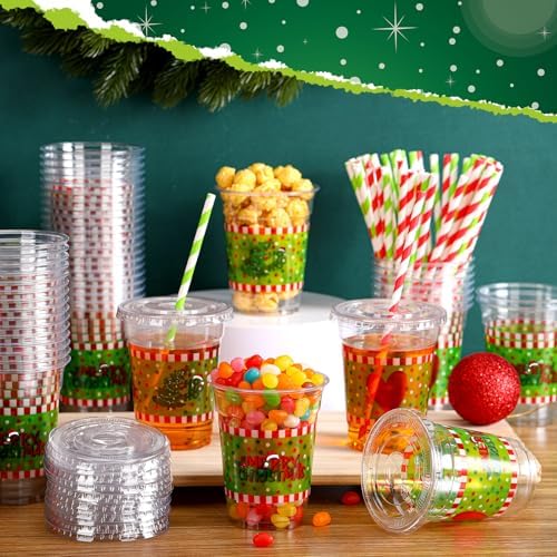 Jingmore 50 Pcs Merry Christmas Plastic Clear Cups with Lids and Straws