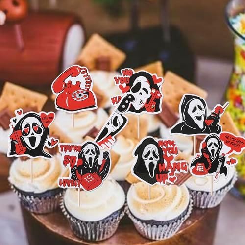 Rsstarxi 40 Pack Horror Movie Scam Cupcake Toppers Telephone No You Hang Up Killer Birthday Cupcake Toothpicks for Halloween Horror Movie Theme Birthday Party Cake Decorations Red