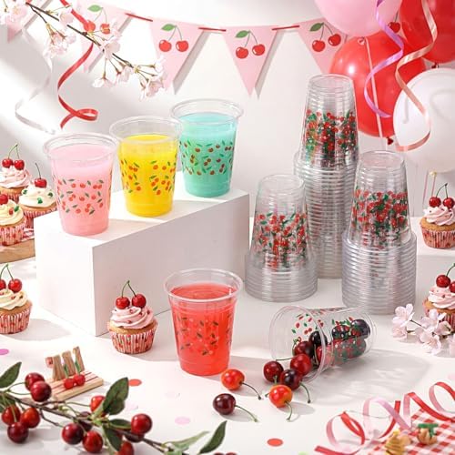 Funnymoom 60 Pack Cherry Plastic Cups for Party Decorations, 12 oz