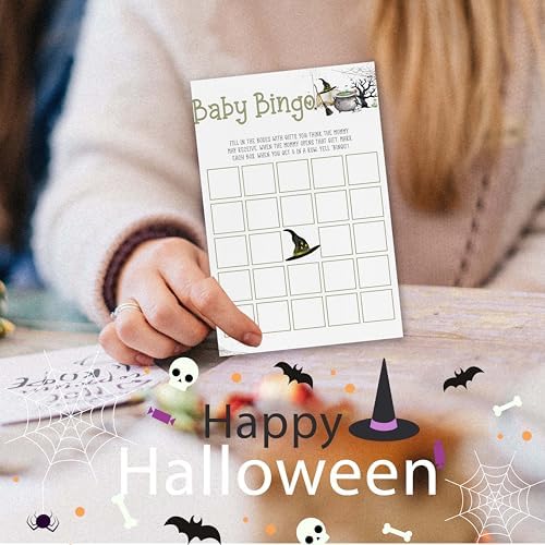 Halloween Baby Shower Games, 25 Pcs Baby Bingo Cards for Guests, Witch Hat Gender Reveal Decorations for Party Favors - B02