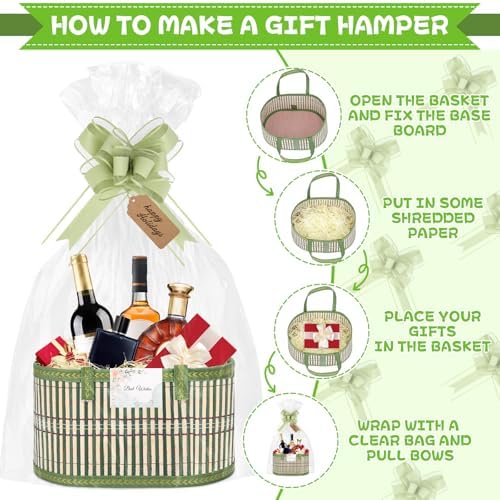 SelfTek 3 Pack Baskets for Gifts Empty, Woven Bamboo G-ift Basket Kit with Wrap Bags, Gift Card, Raffia and Pull Bows, Gifts Baskets for Birthday, Wedding, 30 x 20 x 15 cm - Green