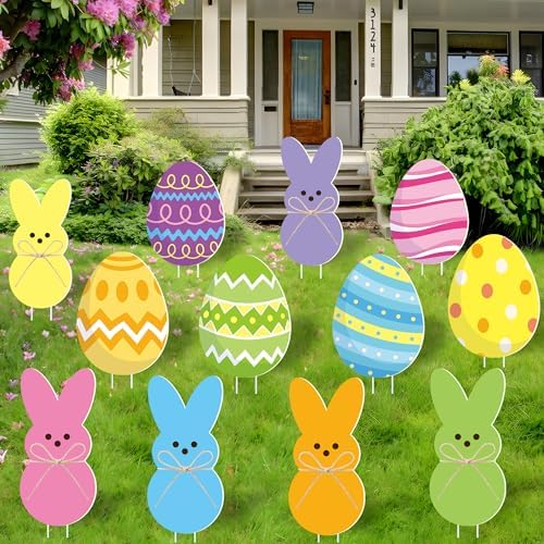 12 Pcs Easter Yard Signs Outdoor Bunny Eggs Lawn Sign with Stakes Waterproof Easter Peeps Rabbit Yard Stake Decorations for Spring Holiday Outdoor Home Garden Lawn Patio Party Props Decoration