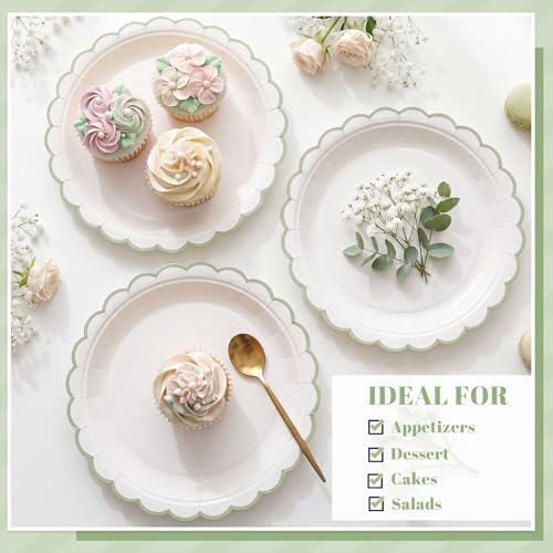 NatNarr 30 Pk Sage Green Paper Plates 9" Scalloped Green White Party Plates
